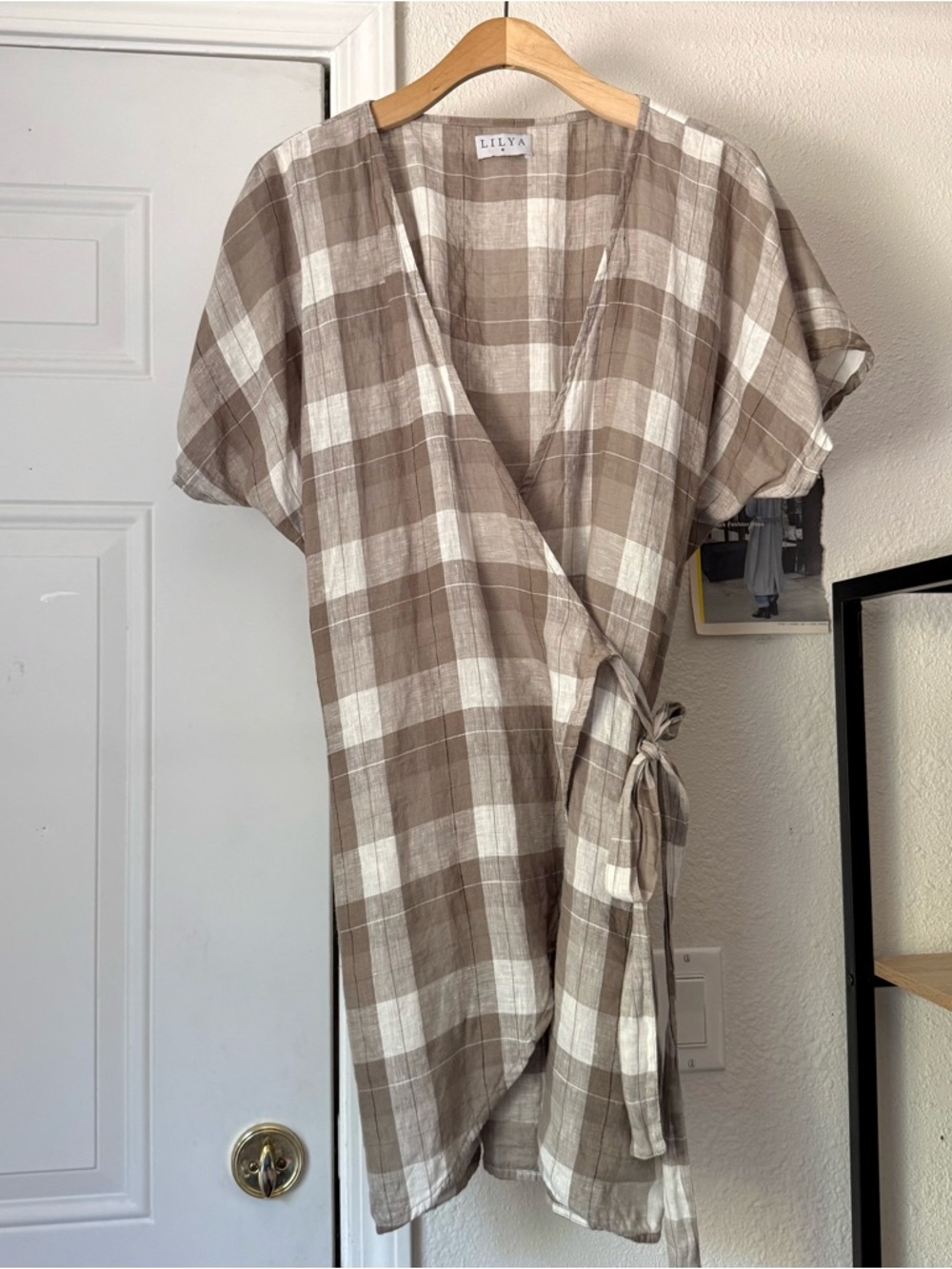 LILYA Tan white gingham‎ plaid linen short sleeve mini wrap dress
